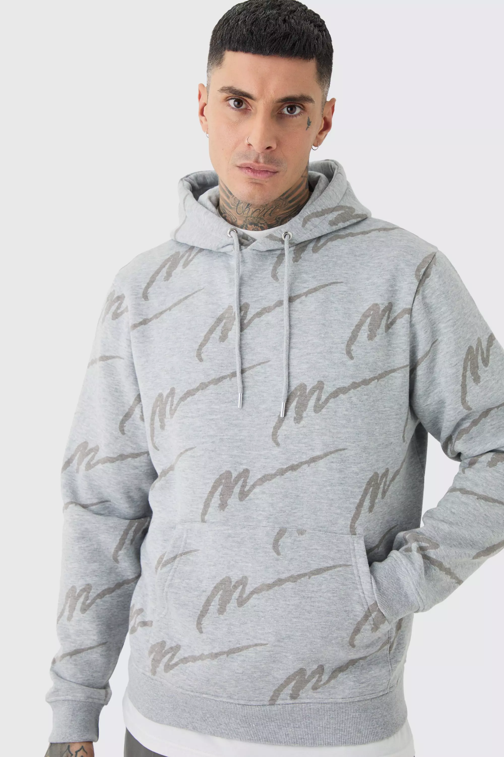 Tall Man Signature All Over Print Hoodie boohooMAN USA